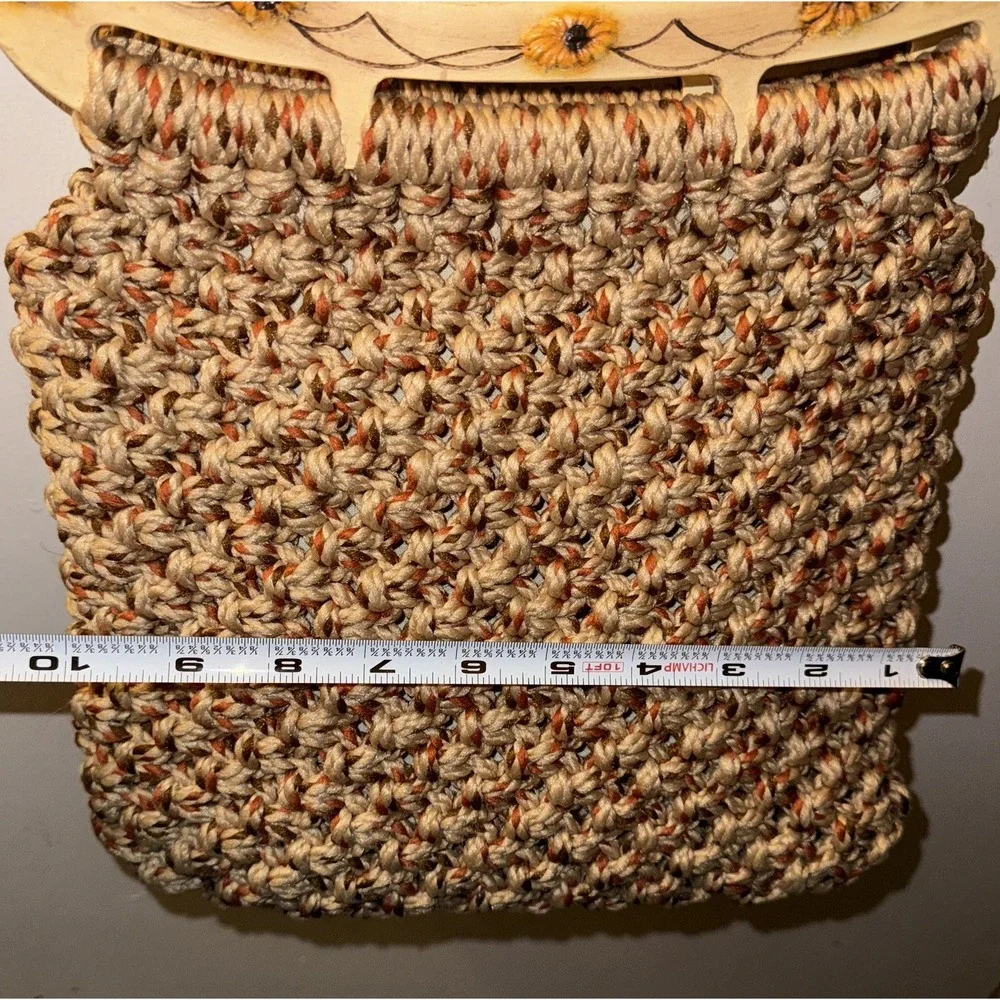 Vtg Handmade Macrame Wood Handle Carved Sunflowers Purse Boho 70's Style